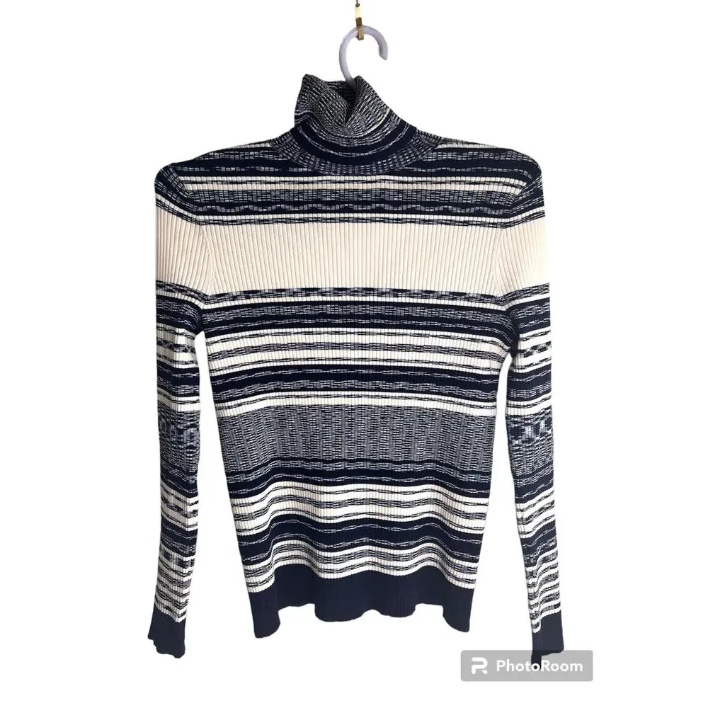 Tory Burch Womens Striped Turtleneck Sweater White Navy Blue Size S/P Small
